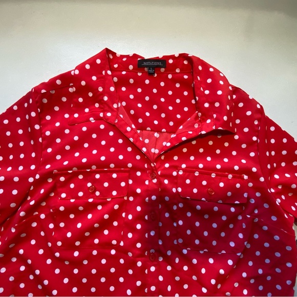 NEW Size L Womens Notations Long Sleeve Button Front Blouse Top Polka Dot Red - Picture 7 of 12